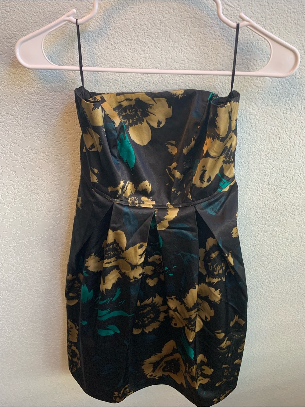 Guess Black Floral Strapless Dress with Gold and Teal Accents